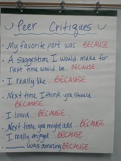 a white board with writing on it in front of a wall that says peer critiques