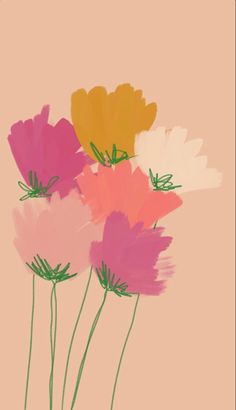 three colorful flowers are in a vase on a pink and beige background with green stems