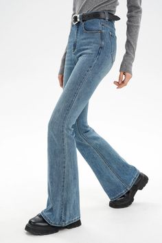 Redefine your denim days with our Skinny Denim Semi-Flare Jeans, a chic blend of vintage vibes and modern appeal.
These jeans feature a flattering high waist and a subtle flare that adds a dash of retro to any ensemble. Crafted from a comfortable mix of cotton, polyester, and spandex, the fabric offers enough stretch to hug your curves while providing long-lasting durability. The faded wash and classic blue hue make these jeans a timeless addition to your wardrobe.
Pair with a simple tee and sne Mid-rise Denim Blue Flares For Fall, High Rise Denim Flares For Fall, Denim Blue Straight Leg Flares For Fall, Fall Denim Blue Straight Leg Flares, Casual Medium Wash Flares For Fall, Casual High Rise Flares For Fall, Chic High Waist Medium Wash Flare Jeans, Denim Blue Flare Jeans With Five Pockets, Casual High Rise Dark Wash Flares