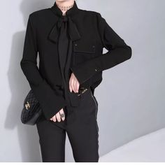 Women Black Casual Clothing Shirt Top Extra Long Ribbon Lace Up Metal Buckle Split Blouse Kikimoly Women 2017 Fashion Casual Designer Clothing Shirt Top Spring Extra Long Ribbon Lace Up Metal Buckle Split Blouse Package Contain: 1 Piece Women Blouse (Other Accessories Photographed Are Not Included.) Size Unit: Cm [Size S] Shoulder 39 Bust 94 Sleeve 61 Length Front 57 Length Back 59 Trendy Tie Neck Office Tops, Trendy Tie Neck Top For Office, Chic Fall Shirt For Night Out, Chic Shirt For Night Out In Fall, Black Fitted Tie Neck Blouse, Chic Fall Shirt For Parties, Chic Shirt For Fall Party, Chic Black Tie Neck Top, Chic Office Shirt For Fall