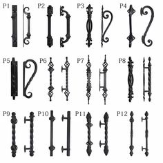 an assortment of wrought iron door handles and pulls, all in various sizes and shapes