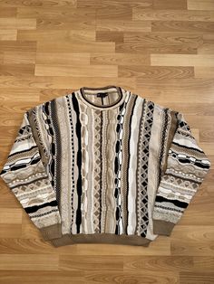 90s Coogi Outfit, Coogie Sweater Inspired Fabric, Arie Brown Sweater, Styling Knitted Sweater, Vintage Sweater For Fall Streetwear, Vintage Fall Sweater For Streetwear, Retro Oversized Crew Neck Outerwear, Retro Brown Crew Neck Outerwear, Retro Knit Crew Neck Outerwear