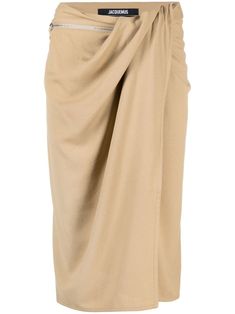 khaki wrap design gathered detailing high waist all-around zip fastening rear zip-fastening pocket straight hem mid-length Jacquemus Skirt, Draping Skirt, Expensive Stuff, Clothing Templates, Poplin Skirt, Mid Length Skirts, Spring Summer Fashion, Mid Length, One Shoulder Blouse