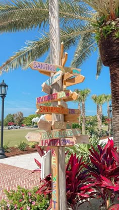 a wooden sign post with many different signs on it's sides and palm trees in the background