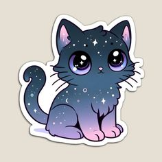 a black cat with blue eyes and stars on it's face, sitting down