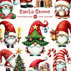 santa gnome watercolor clipart set with christmas decorations and other holiday related items in red, white and green colors