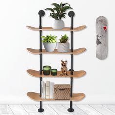 a skateboard is hanging on the wall next to a shelf with books and plants