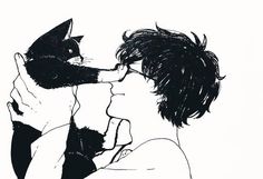 a black and white drawing of a person kissing a cat