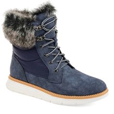 New In Box Size 7 Cute Journee Collection Winter Boots In Dark Navy Blue With Faux Fur Gray Collar And Full Lace Up Front. Cognac Detail Trim And White Soles! Super Cute And Comfy, Waterproof And Warm! Similar To Steve Madden, Sorel, Ll Bean, Merrell, Aldo, Bcbg, The North Face, Guess, Michael Kors, Frye, Lulus, Sorel Warm Winter Boots, Shoe Last, Journee Collection, Wide Fit Boots, Winter Shoes, Buy Shoes, Waterproof Boots, Short Boots, Lace Boots