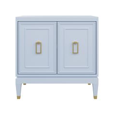 a blue cabinet with gold handles and two doors on the front, against a white background