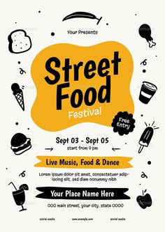 a flyer for a street food festival with icons and text on it - flyers print templates