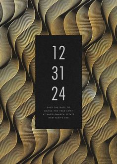 a black and gold wedding save the date card with an abstract pattern on it's cover