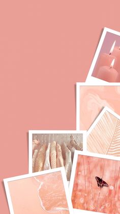 several pictures of candles and seashells on a pink background