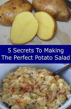 potatoes and potato salad with text overlay that reads 5 secrets to making the perfect potato salad