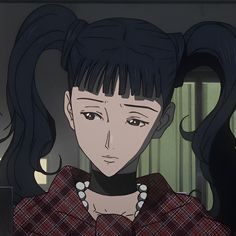 an anime character with long black hair wearing a plaid shirt and choker, looking at the camera