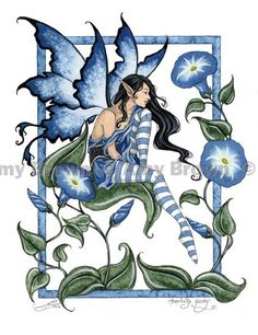 a drawing of a woman sitting on top of a blue flower with butterflies around her