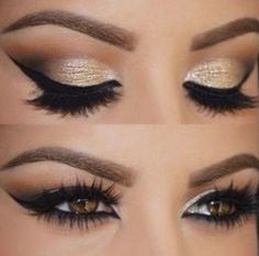 Makeup Cantik, Make Up Gold, Gold Smokey Eye, Gold Eye Makeup, Makeup Hacks, Hooded Eyes