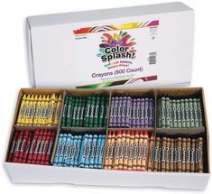 an open box of crayons from the color splash collection in it's display case