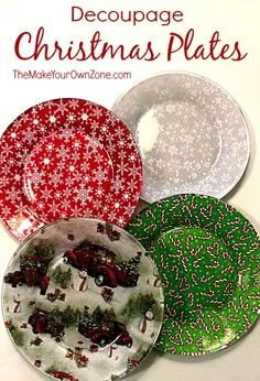 three plates with christmas designs on them and the words, decoupage christmas plates