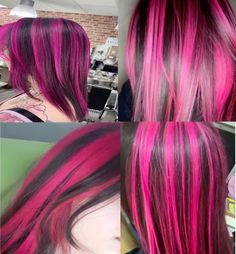 #hair #skunkhair #pink Pink And Black Skunk Hair, Pink Skunk Hair On Brown Hair, Skunk Stripe Hair Pink, Pink And Red Hair Dye, Different Shades Of Pink Hair, Black And Pink Highlights, Pink And Black Highlights, Black Hair With Pink Underneath