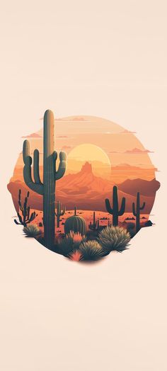 a desert scene with cacti and cactus trees in the foreground at sunset