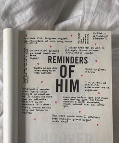 an open book with the words reminders of him written in black and pink on it