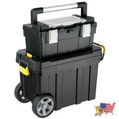 two black coolers on wheels with american flag in the backgroung and yellow handles