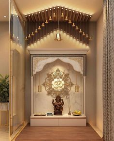 a room with a buddha statue in the center and lights on the ceiling above it