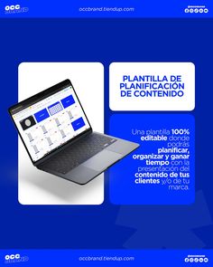 an open laptop computer sitting on top of a blue cover with the words plantilla de planticacion de contendio