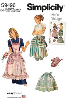 an old fashion dress and apron pattern from the 1950's is featured on this page