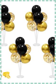 black, gold and white balloons are in the middle of a photo with gingham checkered background