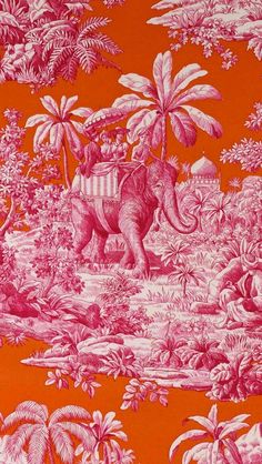 an orange and pink wallpaper with an elephant carrying a basket on its back in the jungle