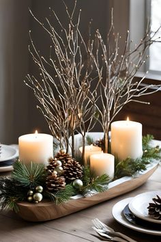 Christmas Centerpieces Holiday Arrangements Winter, Pine Branch Table Decor, Diy Winter Arrangements, Christmas Candle Table Decorations, Tree Centerpiece Christmas, Centerpiece For Dining Table Christmas, Christmas Centerpieces With Lights, Christmas Table Decorations Diy Easy, Christmas Wooden Centerpieces