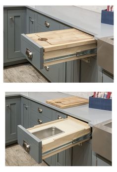 two pictures of the same kitchen counter top with drawers open and left side closed, one has a wooden cutting board in it