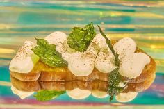 a piece of bread topped with whipped cream and green leaves