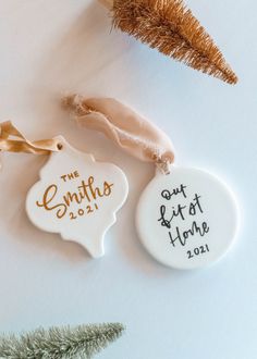 two personalized christmas ornament hanging from a tree branch on a white surface