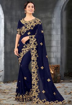 Navy Saree, Teal Blue Color, Indian Bridal Fashion, Half Sleeve Blouse, Art Silk Sarees