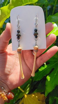 Bone charm earrings with Black Tourmaline. Ethically sourced chicken bone. Made from hypoallergenic stainless steel. Chicken Bones, Bone Jewelry, Macrame Earrings, Jewelry Techniques, Black Tourmaline, Charm Earrings