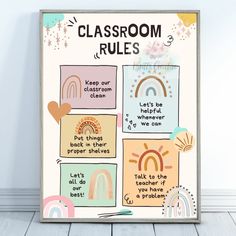 a classroom rules poster hanging on the wall next to a wooden floor and white walls