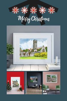 a christmas card with an image of a church in the background and text that reads merry christmas