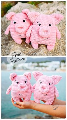 crocheted pigs are shown in three different pictures, one is pink and the other is