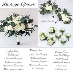 the package options for wedding bouquets are shown in white, green and grey colors