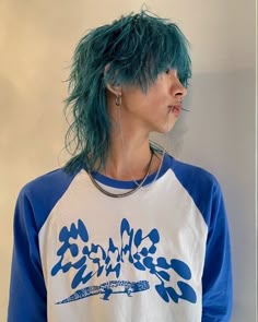 Men Jellyfish Hair, Blue Hair Mullet Guy, Blue Shaggy Hair, Dyed Long Hair Men, Short Turquoise Hair, Long Dyed Hair Men, Jellyfish Mullet Hair, Turquoise Hair Aesthetic