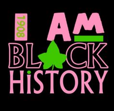 the i am black history logo is shown in pink, green and yellow letters on a black background