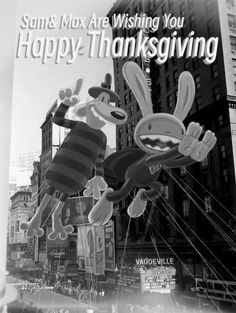 a black and white photo of some balloons in the shape of rabbits with words happy thanksgiving