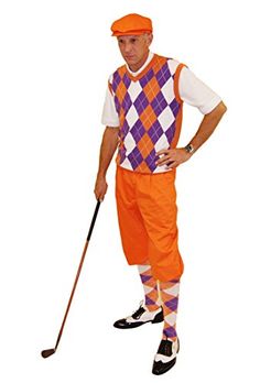 a man dressed in an orange and purple outfit with a golf club on his shoulder