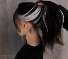 Top Black Bottom Platinum Hair, Dark Hair Color Balayage Ideas, Peekaboo With Black Hair, Black Hair With Silver Peekaboo, Black Hair Grey Underneath, Black Hair With Grey Peekaboo, Dark Hair With White Underneath, Peekaboo Grey Hair, Dark Hair With Underneath Highlights