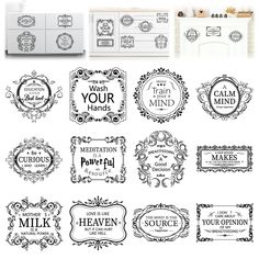 a collection of ornate frames and labels