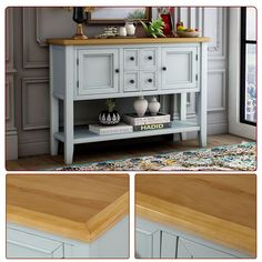 the sideboard is painted blue and has two drawers on each side with one drawer open