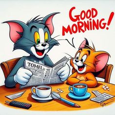 an image of a cartoon cat reading a newspaper with a kitten sitting next to it